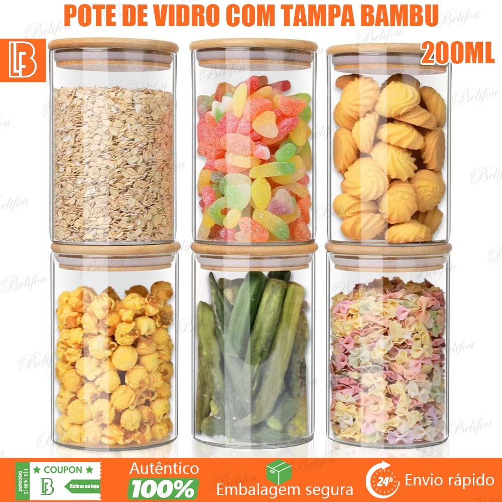 Kit 6 Potes De Vidro para Mantimentos com Tampa Bambu 200ML Potes Herméticos Prova de Odores em Oferta na Shopee
