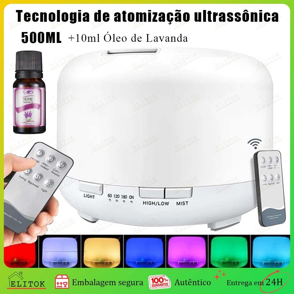 Umidificador de Ar Ultrassônico 500ml com Luz LED 7 Cores Difusor Aromatizador para Quarto e Escritório