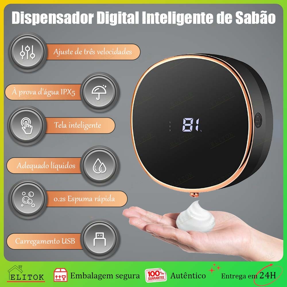 Dispensador de Sabão Automático Banheiro Inteligente Sem Toque Recarregável Sensor Infravermelho Espuma 280ML Parede