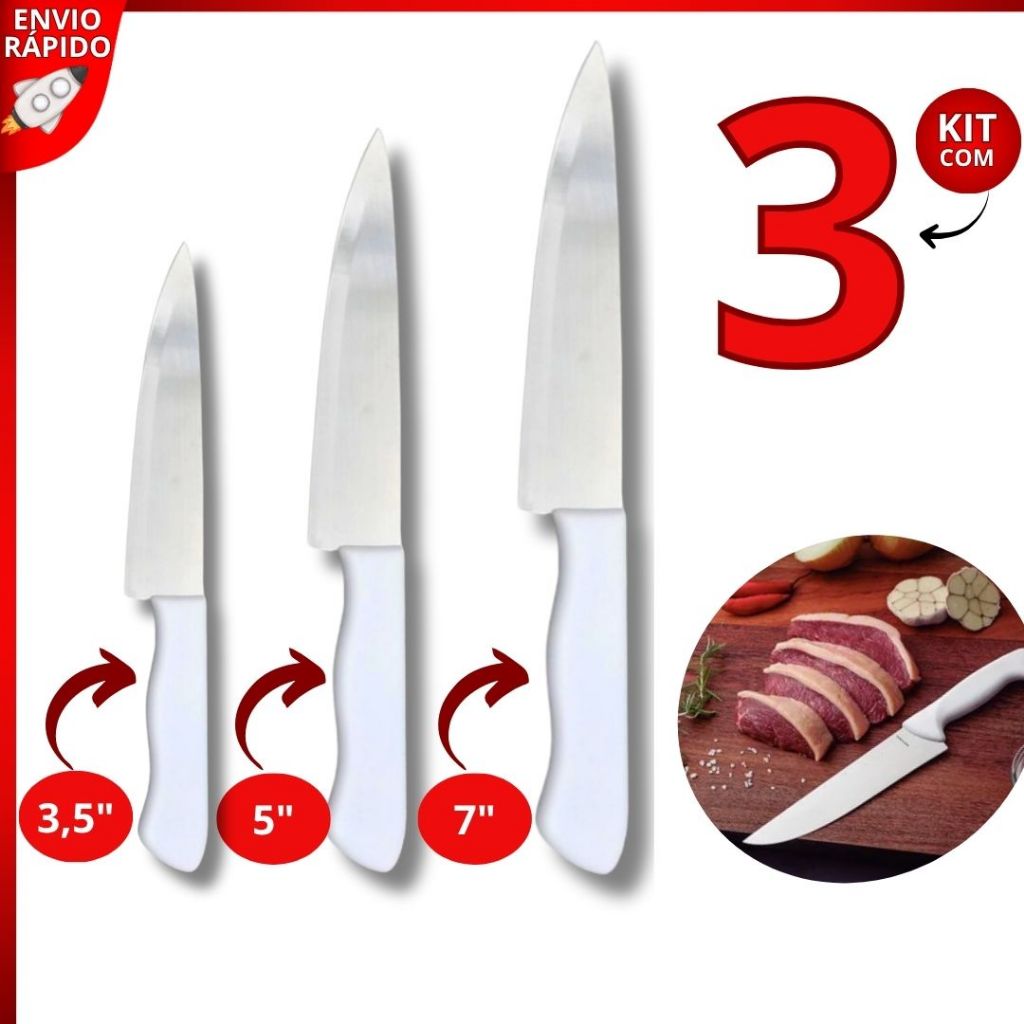 Kit 3 Faca Peixeira Cabo Branco 3,5" 5" 7" Aço Inox Corte Preciso para Cozinha Profissional Natal