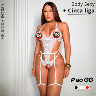 Body Feminino Lingerie Sexy Fio Dental Com Abertura + Cinta Liga Sensual em Oferta na Shopee