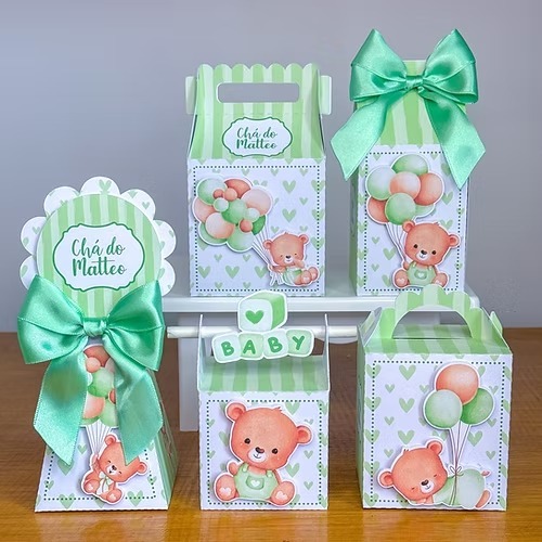 Caixinhas Personalizadas Chá Revelação Ursinho com balão verde PEGUE E MONTE festa menino, lembrancinhas, personalizados