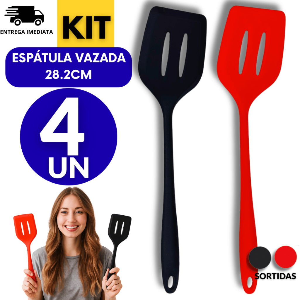 Kit  Espátula Perfurada Fritura Utensílio 28,2 cm Vazada Silicone Variáveis Utilidades Casa Cozinha Buffet em Oferta na Shopee