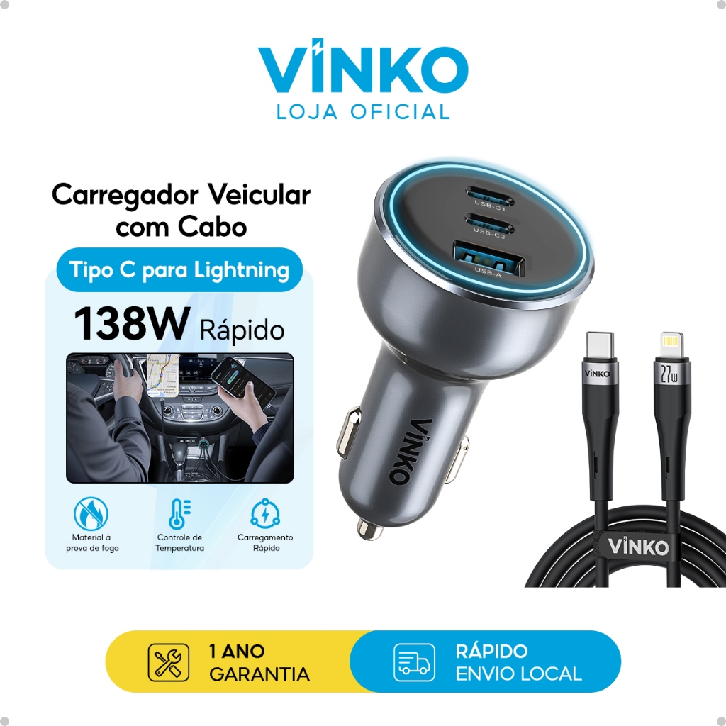 Vinko Carregador Veicular Turbo 138W Carregador para Celular+Cabo Tipo C pra Lightning PD 27W