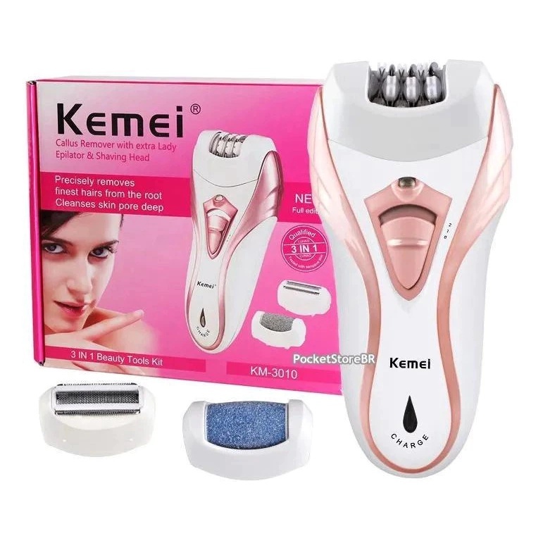 Depilador Feminino Barbeador Lixador Remove Pele Morta 3 Em1 KM-3010 em Oferta na Shopee