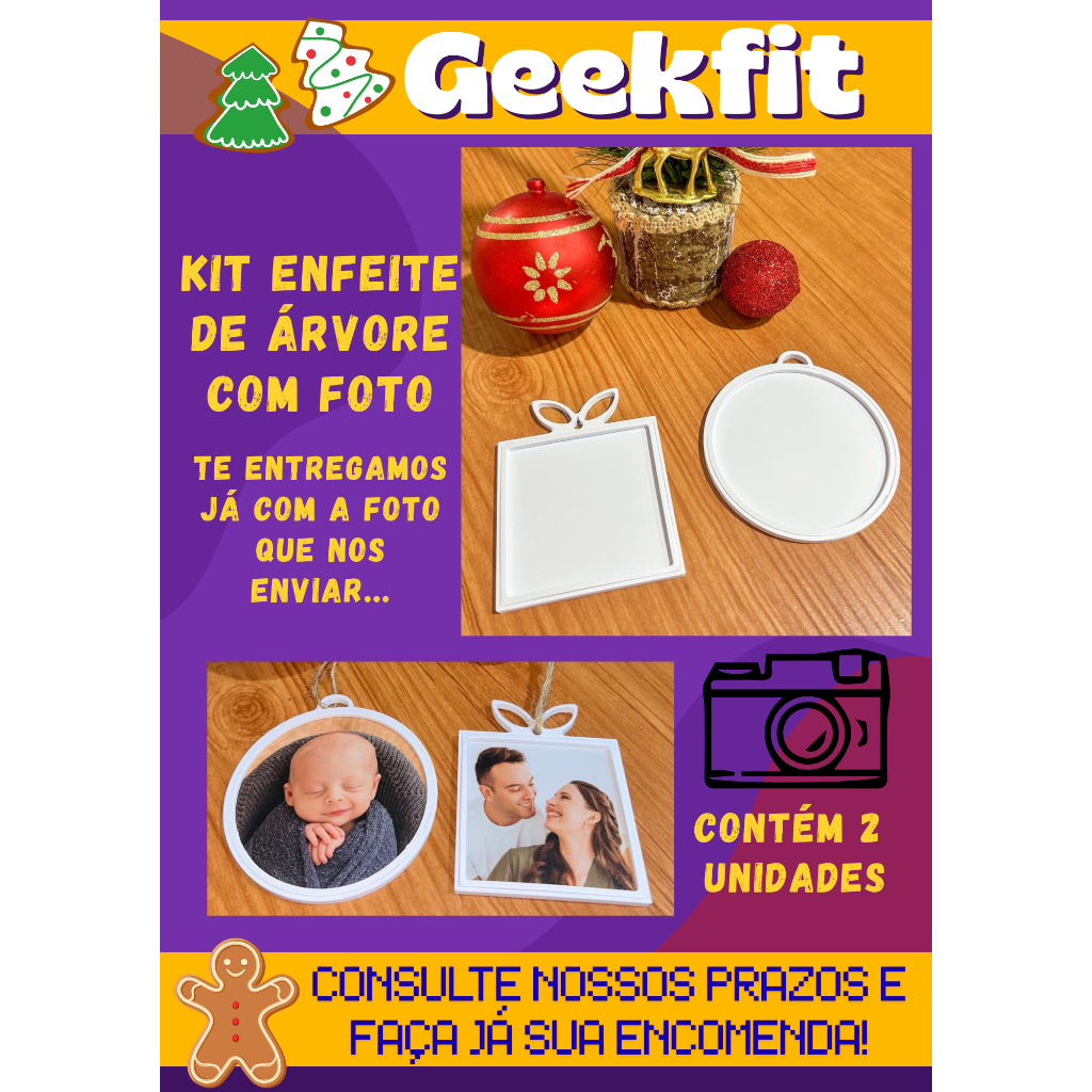 Enfeite de Árvore Kit c/ 2 Fotos - Impressão 3D Natal Criativo  "Sua árvore com a sua cara" Presente