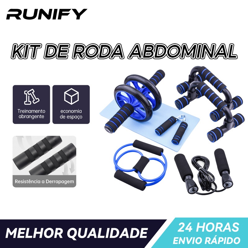 Kit Fitness 6 em 1 Roda Abdominal Flexão Corda Elástico Hand Grip Tapete Treino em Casa