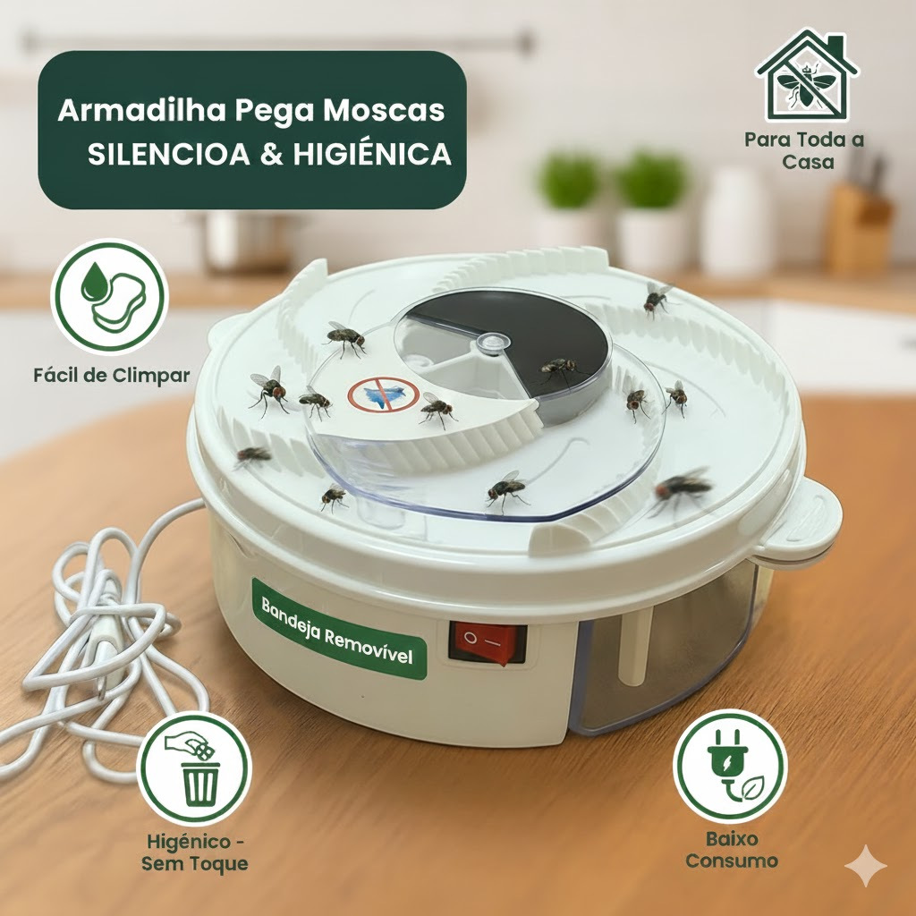 Armadilha Captura Pega Moscas e Mosquitos USB Bivolt – Silenciosa, Eficiente, Usa Isca e Mede 20x7cm