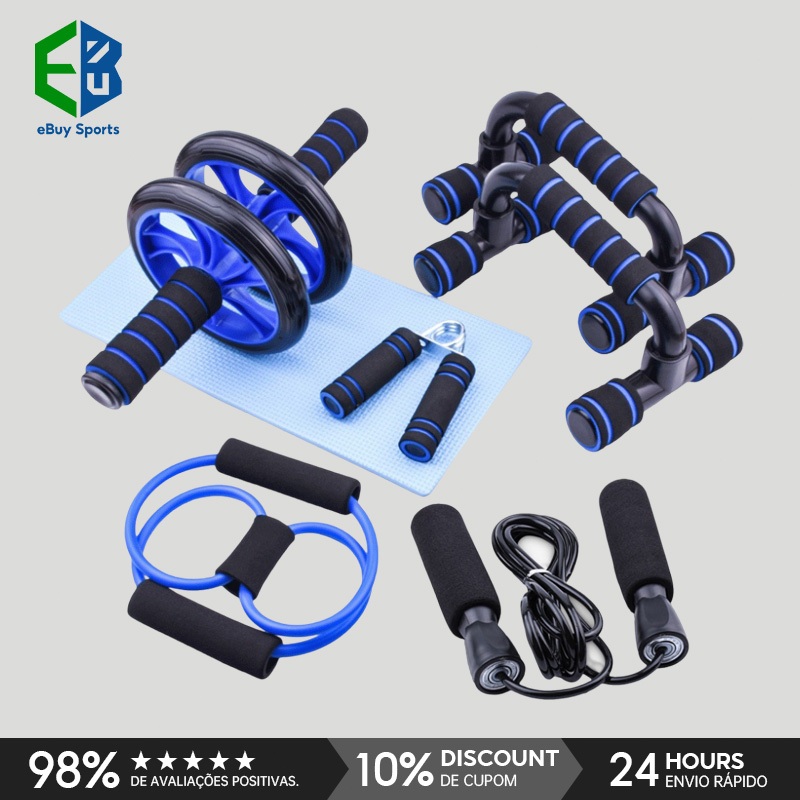 Ebuy Sports Kit Fitness 6 em 1 Roda Abdominal Flexão Corda Elástico Hand Grip Tapete Treino em Casa