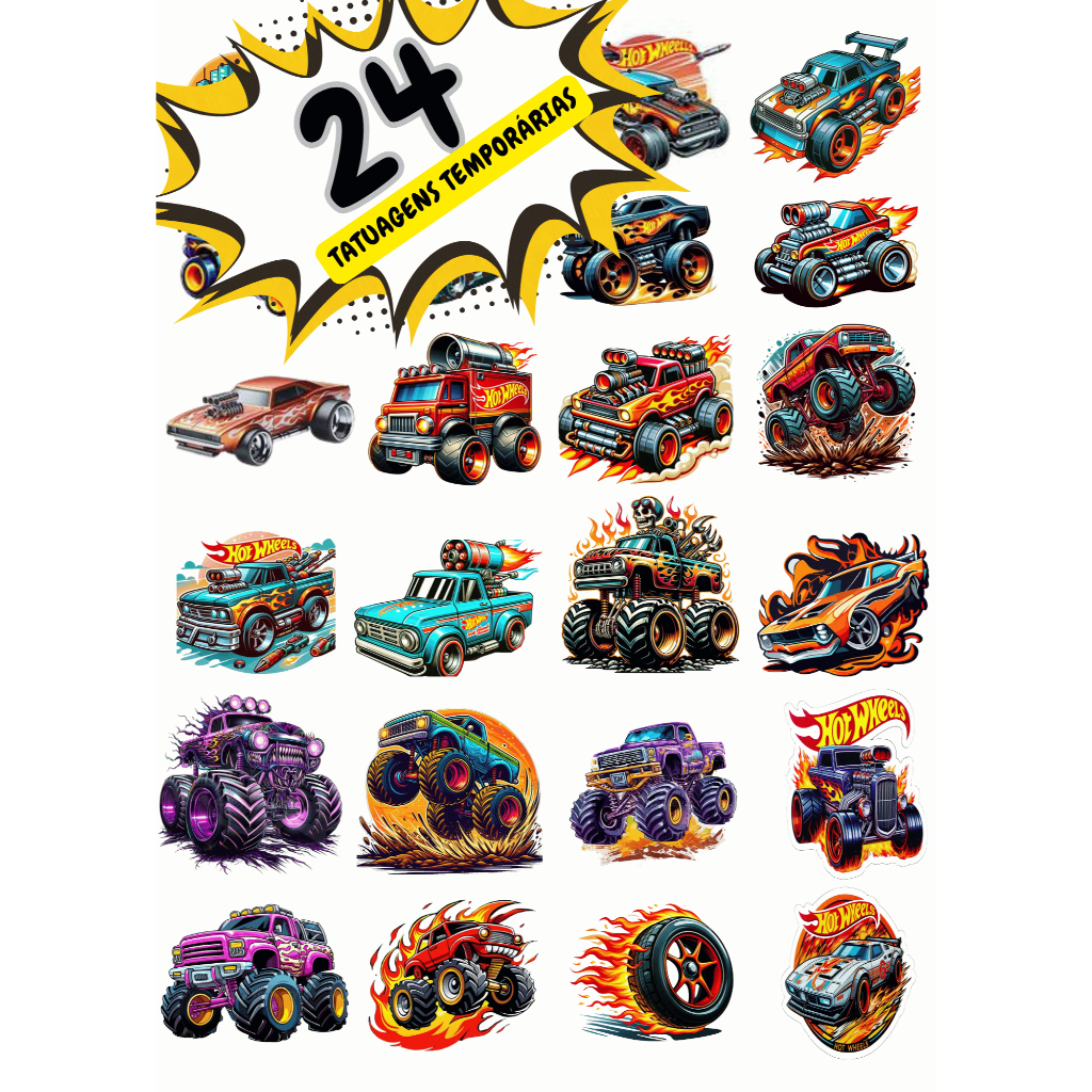 24 TATUAGENS TEMPORÁRIA HOT WHEELS MONSTER TRUCK 20X28CM