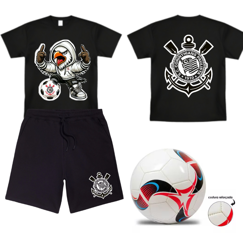 Camiseta bermuda timao corinthians gaviao poderoso infantil e juvenil  4 ao 16 + bola futebol