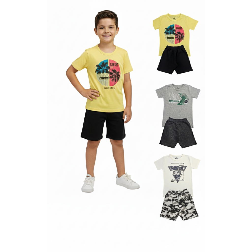 Kit Sortido 6 Peças de Roupas Infantis Masculino Verão - 3 Camisetas + 3 Bermudas Para o Dia a Dia