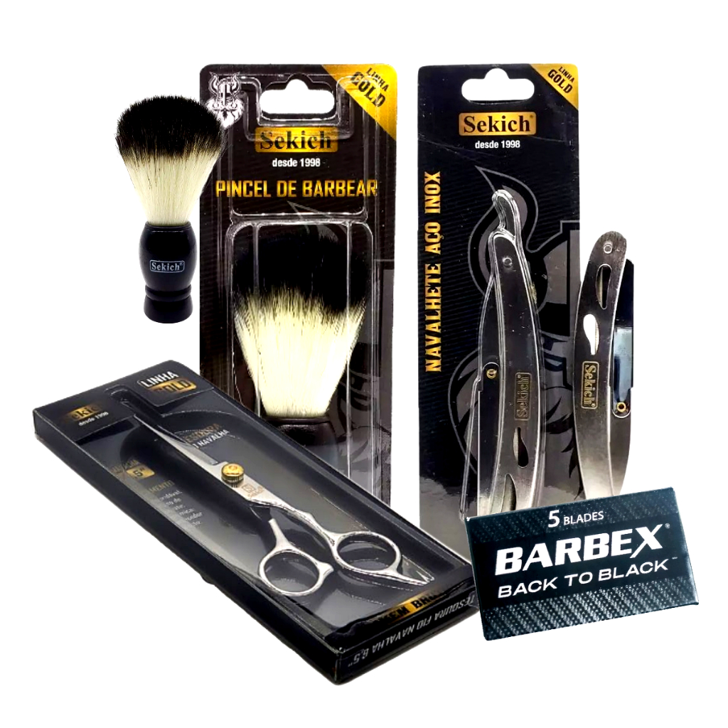 Kit Barbeiro Premium Gold Sekich — Navalhete + Tesoura + Pincel + Lâminas Barbex