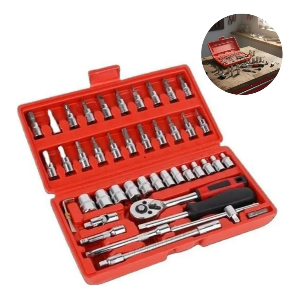Kit Caixa De Ferramentas Catraca 46 Peças Carro Bicicleta Moto