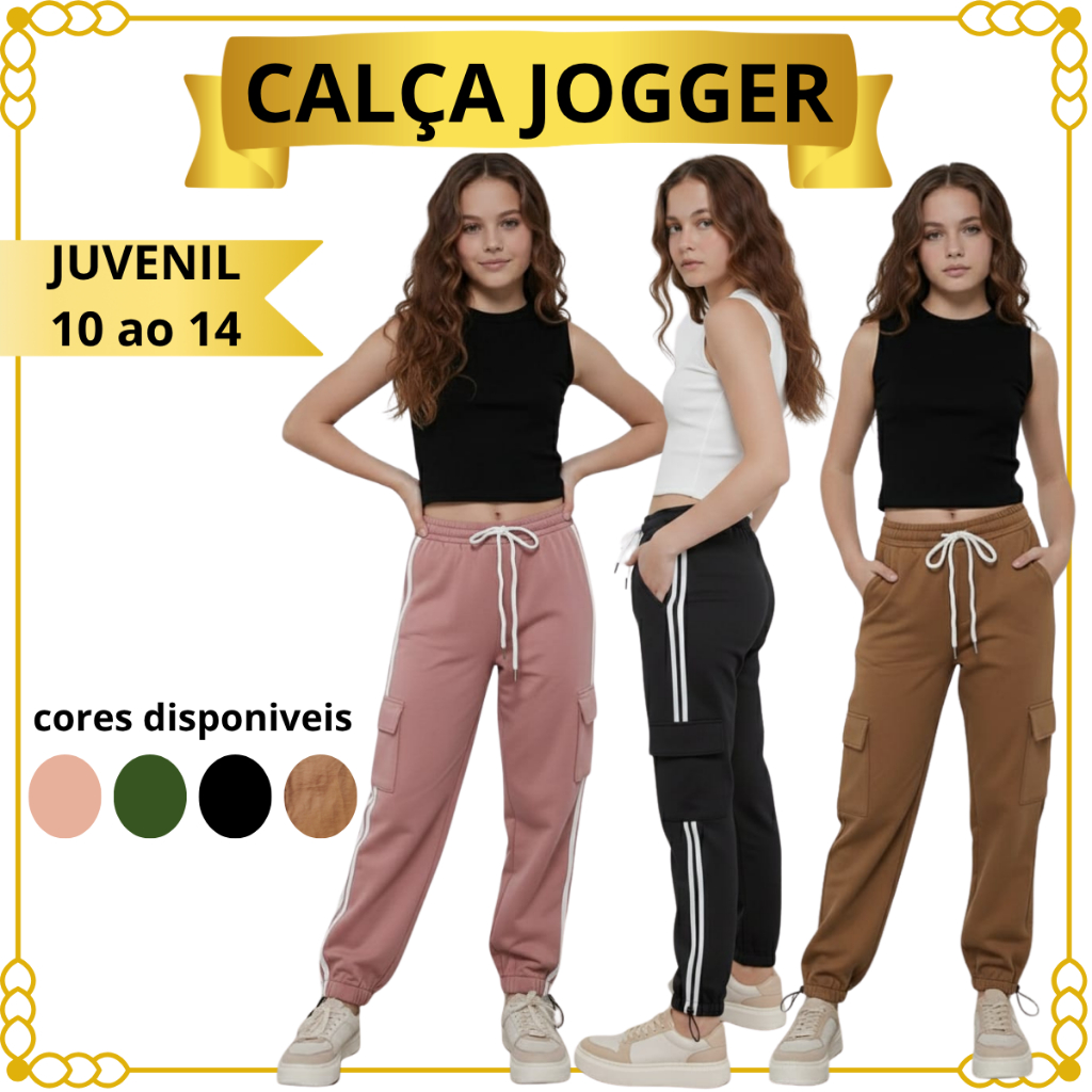 Calça Feminina Jogger Cargo Juvenil Marrant Elástico na Cintura Para Crianças Meninas Street Com Bolsos 10, 12, 14 co