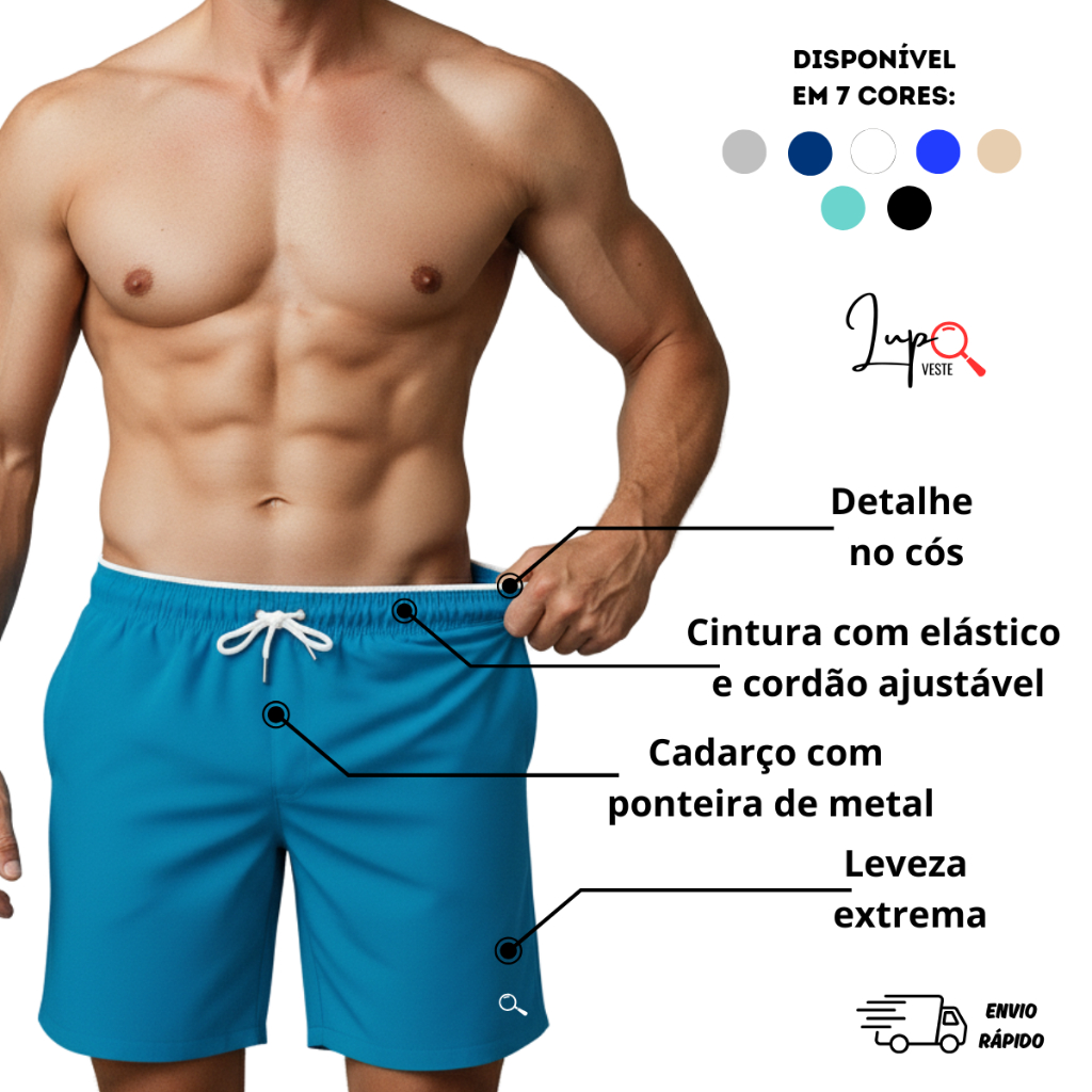 Short Liso Mauricinho Bermuda Esporte Elastano Tactel Dry fit Dia Dia de Praia Piscina Academia