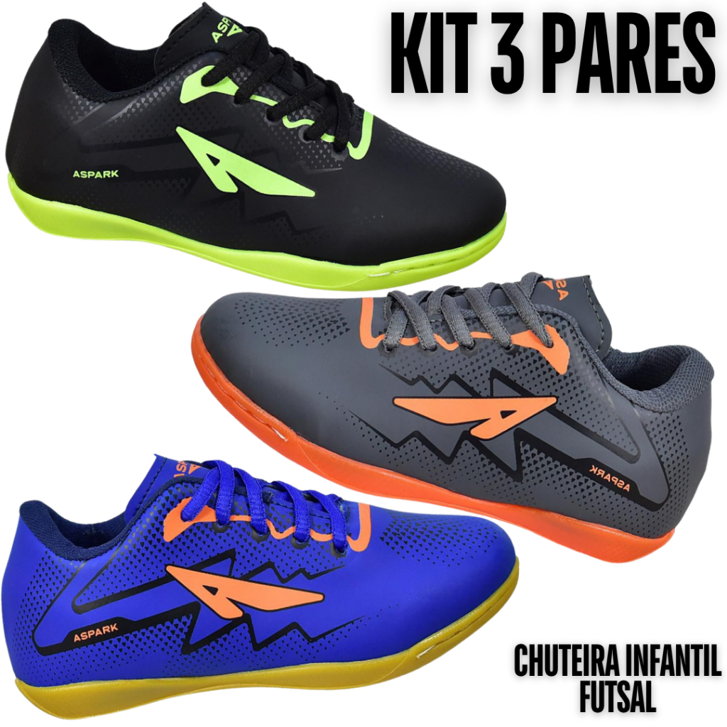 KIT 3 Pares Chuteira Masculino Infantil Salão Quadra Futsal Aspark Juvenil Menino Futebol Macio