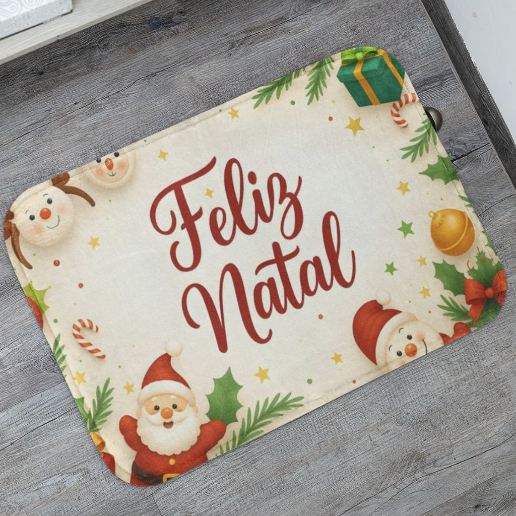 Tapete Porta de Entrada Feliz Natal Merry Christmas Personalizado 55x35 Antiderrapante