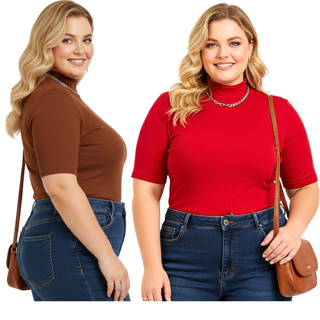 Kit 2 Blusa Feminina Plus Size Gola Alta Canelada Dia A Dia – Manga Curta Tamanhos Grandes G1 G2 G3 em Oferta na Shopee