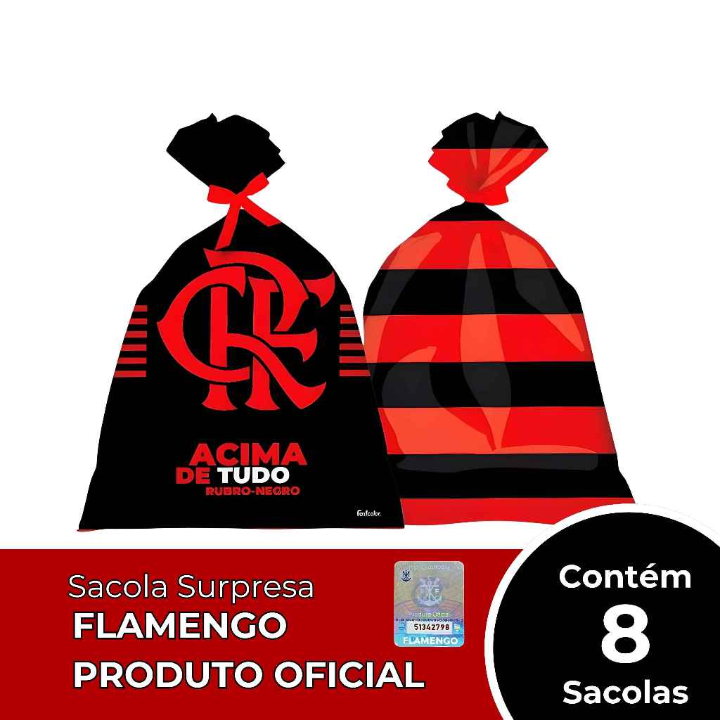 Sacolas Surpresa Flamengo Licenciada 8 Unidades Vermelho e Preto Para Lembrancinha Aniversário Festa Infantil