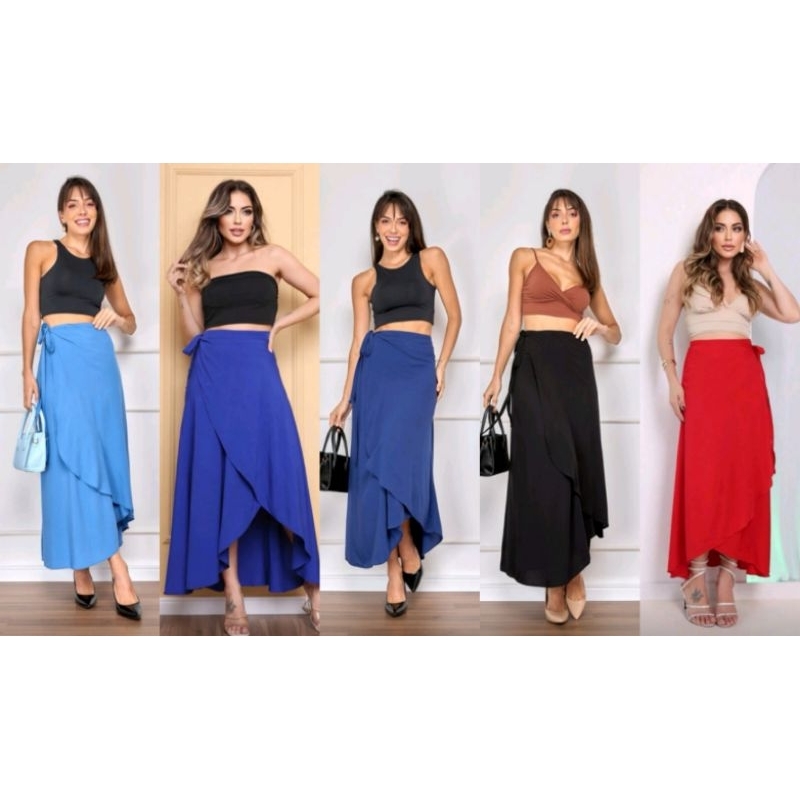 Saia Envelope Transpassada Midi – Cintura Alta, Várias Cores | P–GG em Oferta na Shopee