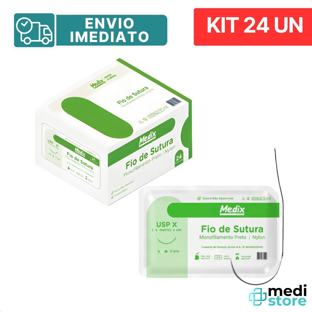 Fio Sutura Nylon monofilamento poliamida 24 Unidades - Medix - Envio Imediato