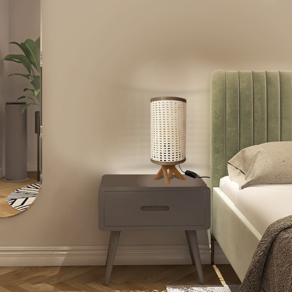 Abajur Luminária Mesa Cabeceira Cilíndrica Pés Madeira Decoração Quarto Sala Escritório Retro Minimalista
