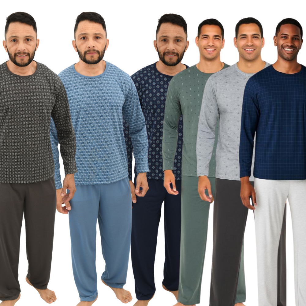 Pijama Longo Masculino Adulto com Blusa Estampada e Calça Lisa Confortável