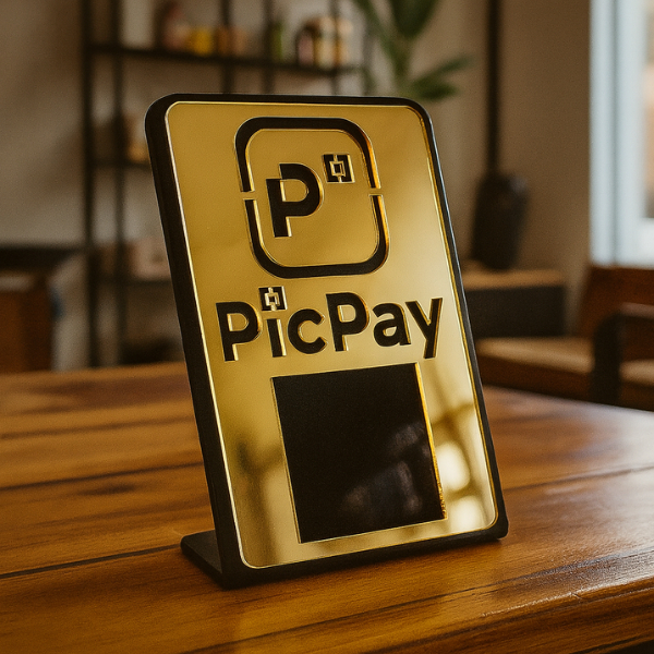Placa Porta Qr Code Pic Pay Display Comercio Preto C/dourado