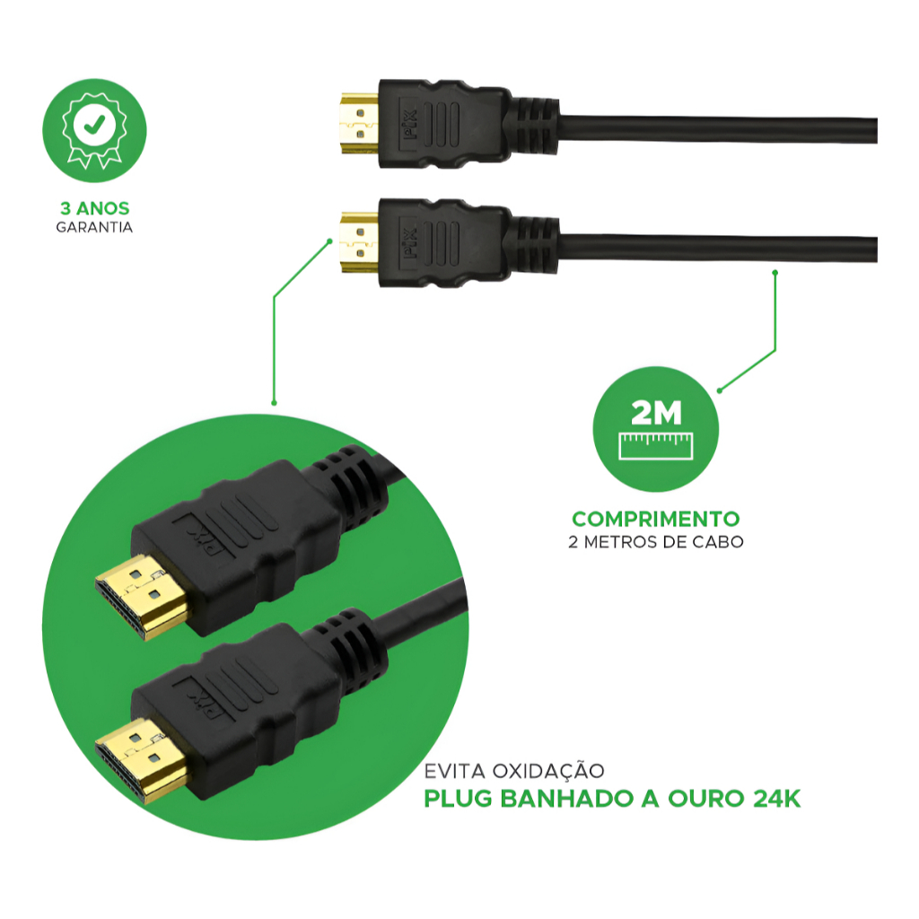 Cabo HDMI 2m PIX 2.0 4K Ultra HD 3D 19 Pinos Alta Qualidade para TV Monitor PC Projetor Notebook TV Box