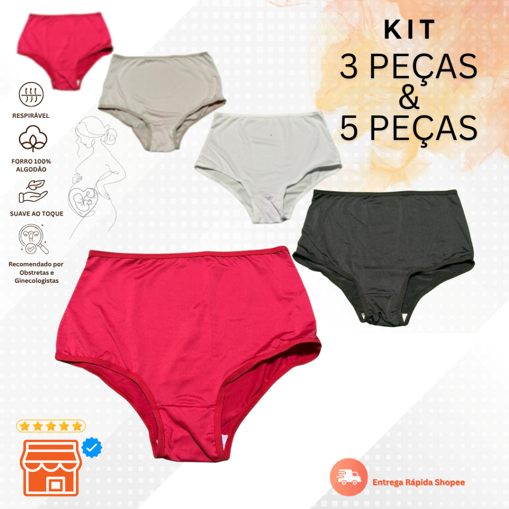 Calcinhas Gestante  e Pós Parto Cintura Alta Hot Pant Conforto Kit 3 e 5 ou unidade -  Dualis em Oferta na Shopee