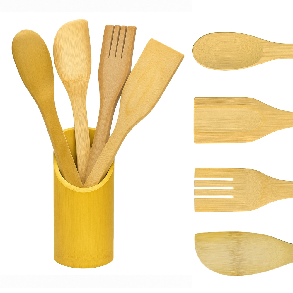 Utensílios de Cozinha Bambu Kit com 5 100% Ecológico, Utensílios Resistentes ao Calor