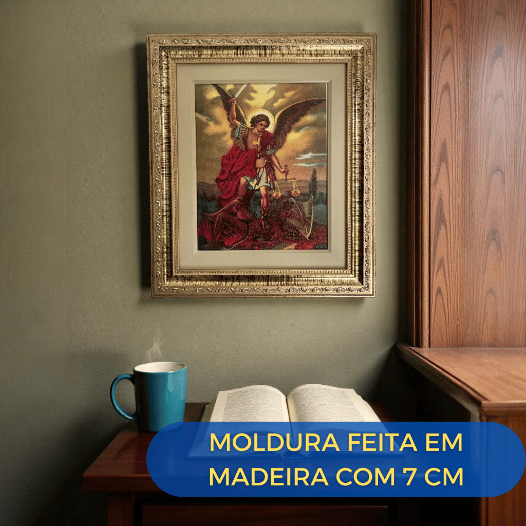 Quadro Decorativo São Miguel Arcanjo Resinado 32x37 Moldura Dourada com Paspatur