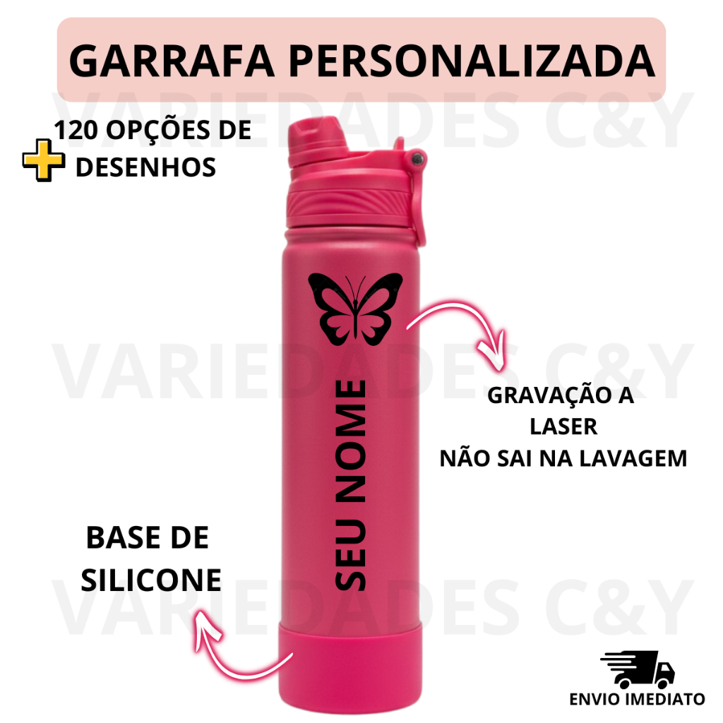 Garrafa Térmica 800ml Personalizada Premium Nome Inox Tampa Canudo com Base de Silicone