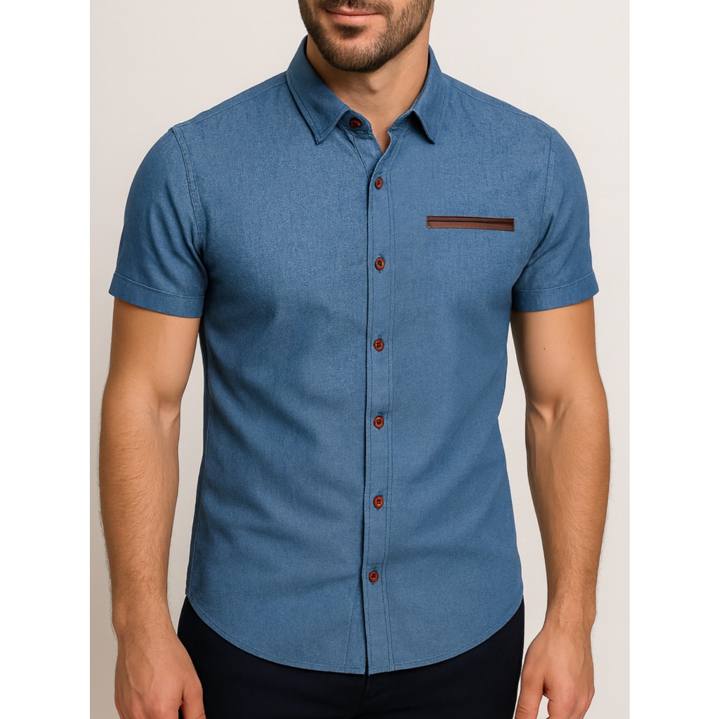 Camisa Cor Jeans Masculina Slim Fit Manga Curta Social Algodão Botões Premium