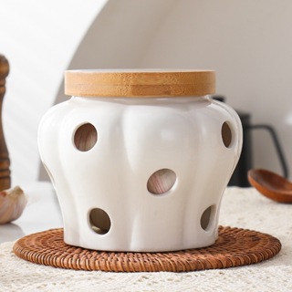 Porta Alho Porcelana Ceramica Branca Com Tampa Bambu Porta Condimentos Decoração Cozinha em Oferta na Shopee