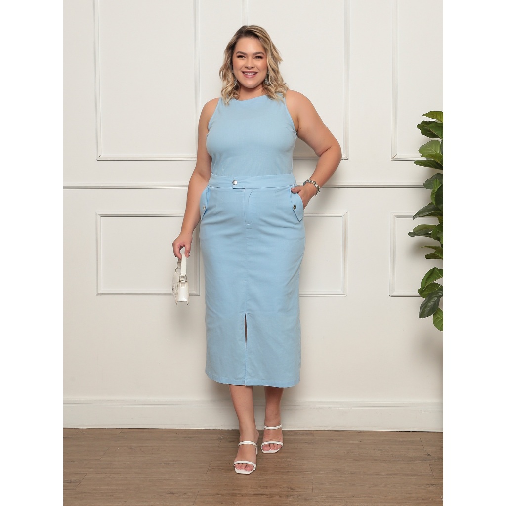ONLYONE - CONJUNTO PLUS SIZE FEMININO ELEGANTE LINHO ELASTANO SAIA FENDA - CONJUNTOS FEMININOS VERÃO FESTA