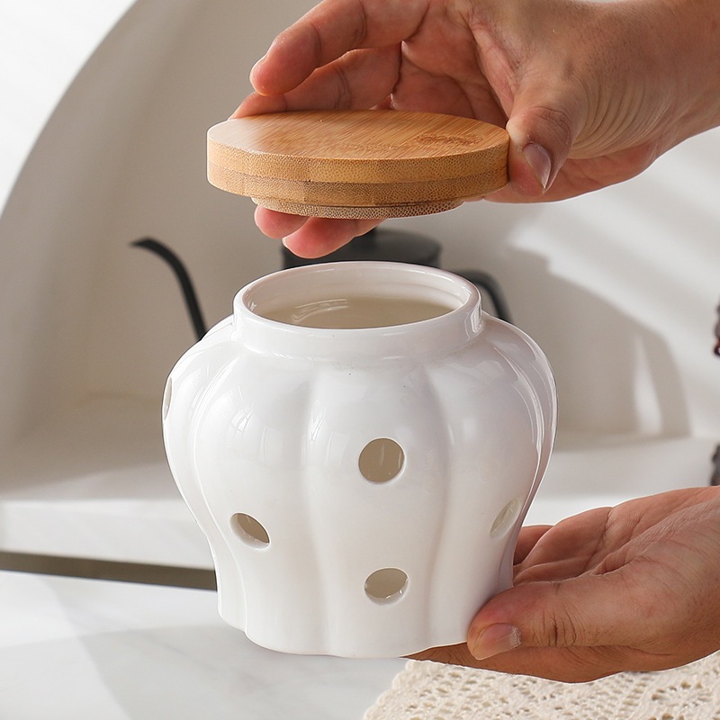 Porta Alho Porcelana Cerâmica Branca Com Tampa Bambu Porta Condimentos Decoração Cozinha