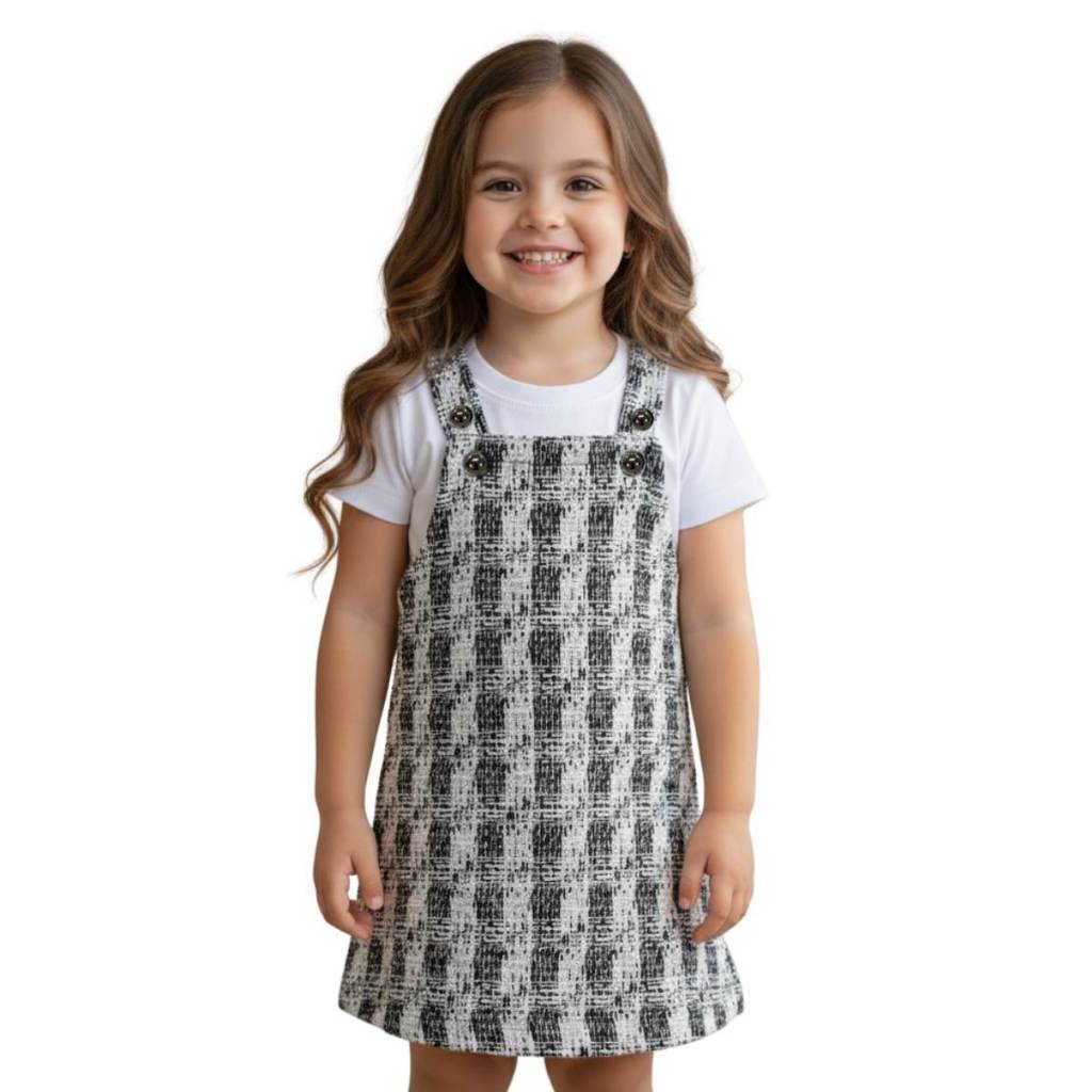 Vestido Infantil Menina Kit Salopete Vestido Xadrez + Camiseta Branca Infantil 100% Algodão