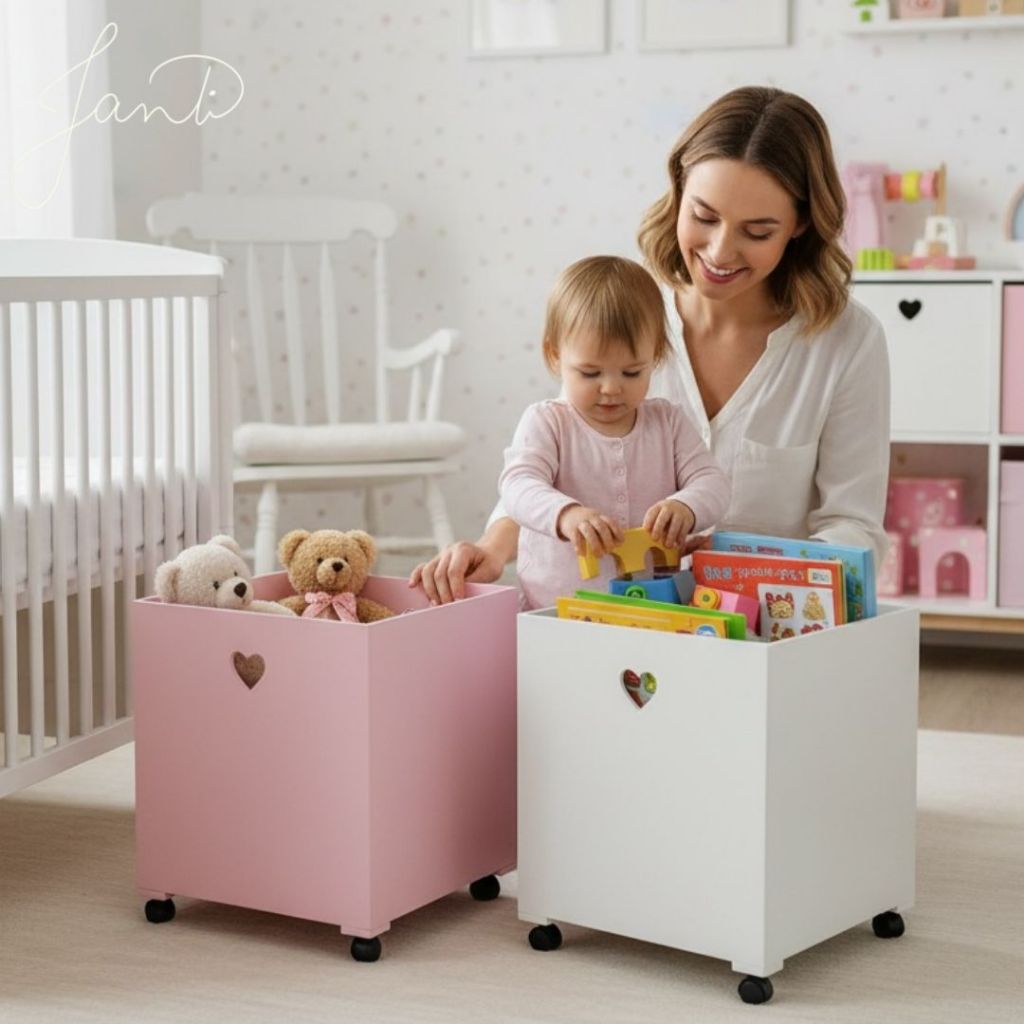 Caixa organizadora de brinquedos infantil com rodas em MDF