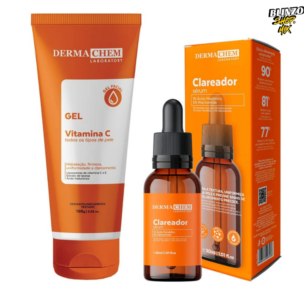 Dermachem Kit Serum Clareador Gel Anti-Idade Vitamina C Hidrata Clareamento Firmeza Uniformidade