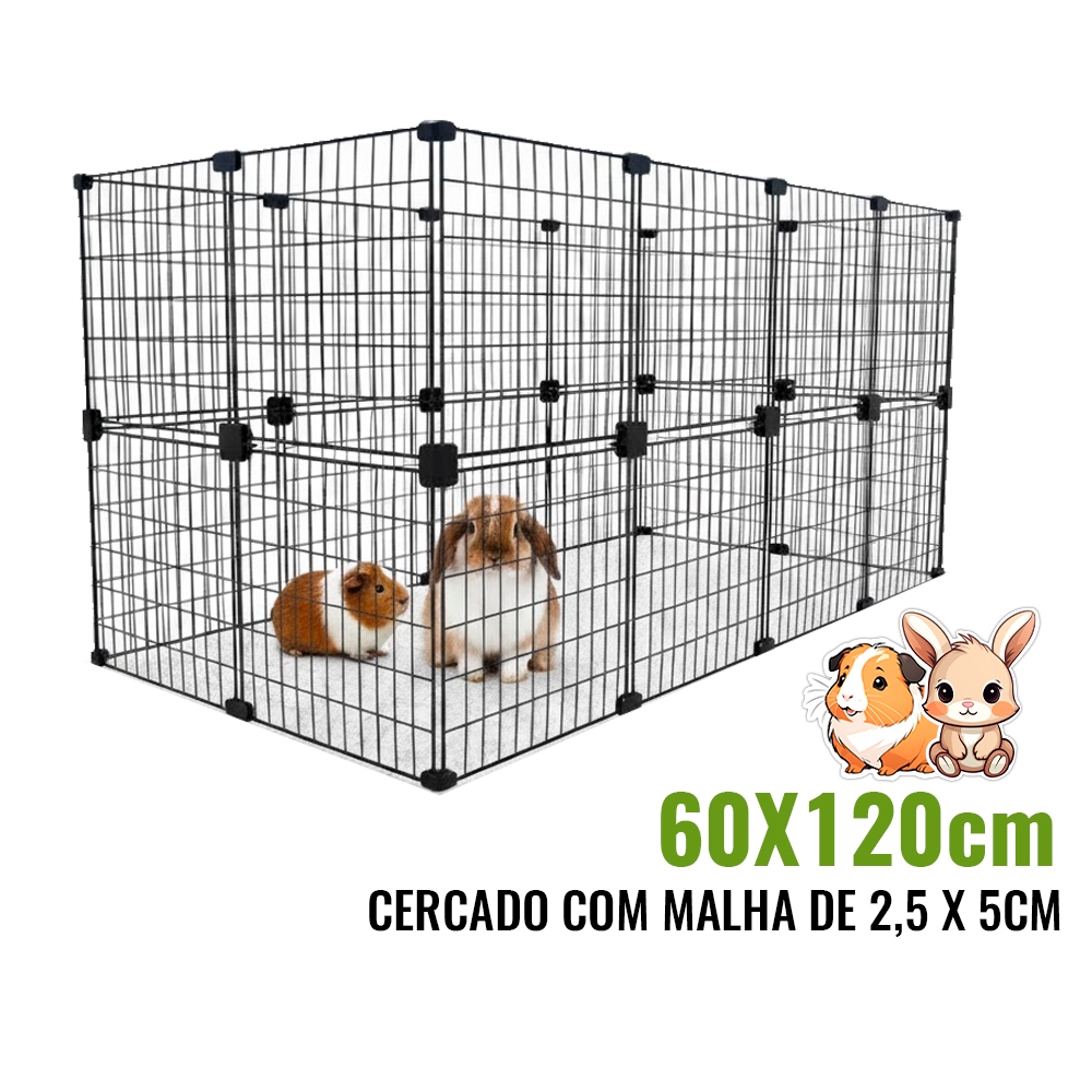 Cercado para Coelho Porquinho da Índia Cachorro Pequeno Porte 60x120x60cm com Malha Estreita 2,5cm