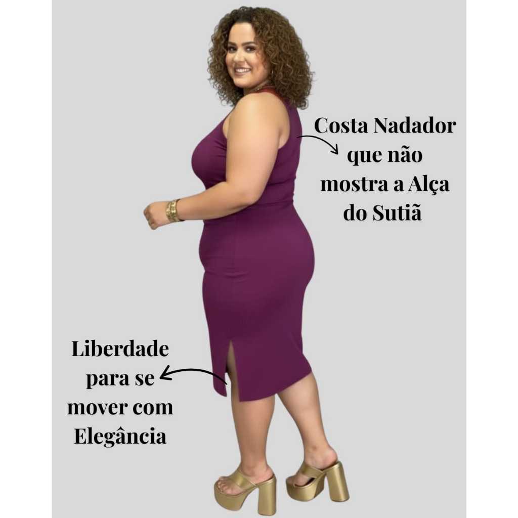 Vestido Midi Canelado Feminino Regata com Fenda Lateral Casual Elegante Moda Plus Size — imagem 2 de 2