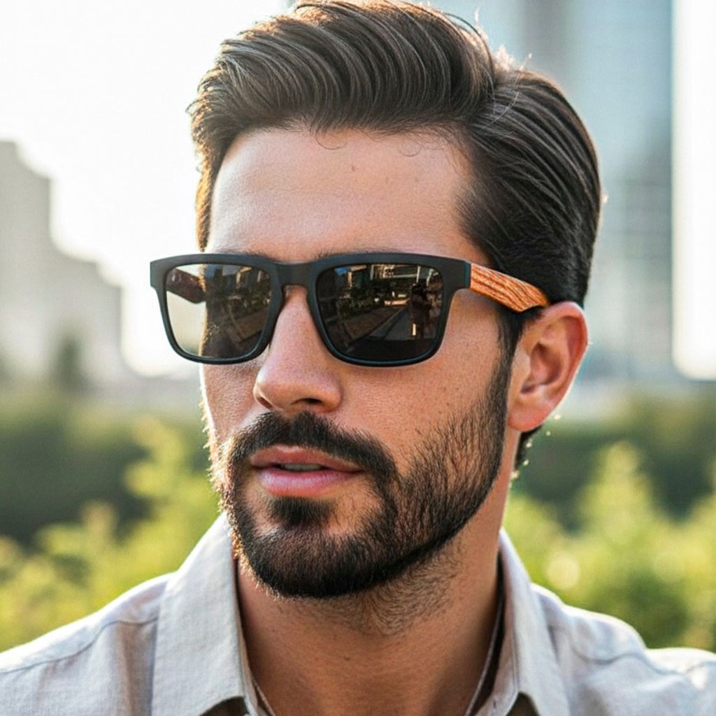 Óculos de Sol Masculino Retangular Ilook Urbano Preto com Hastes Fake Bambu Lentes UV400