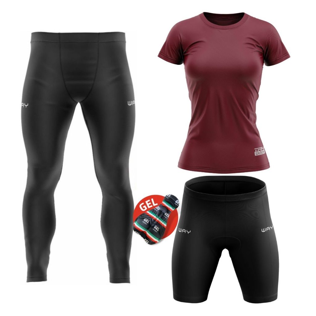 Conjunto Roupa Ciclismo Feminino Camisa UV Manga Curta Calça Gel Bermuda Gel Pedal Mtb
