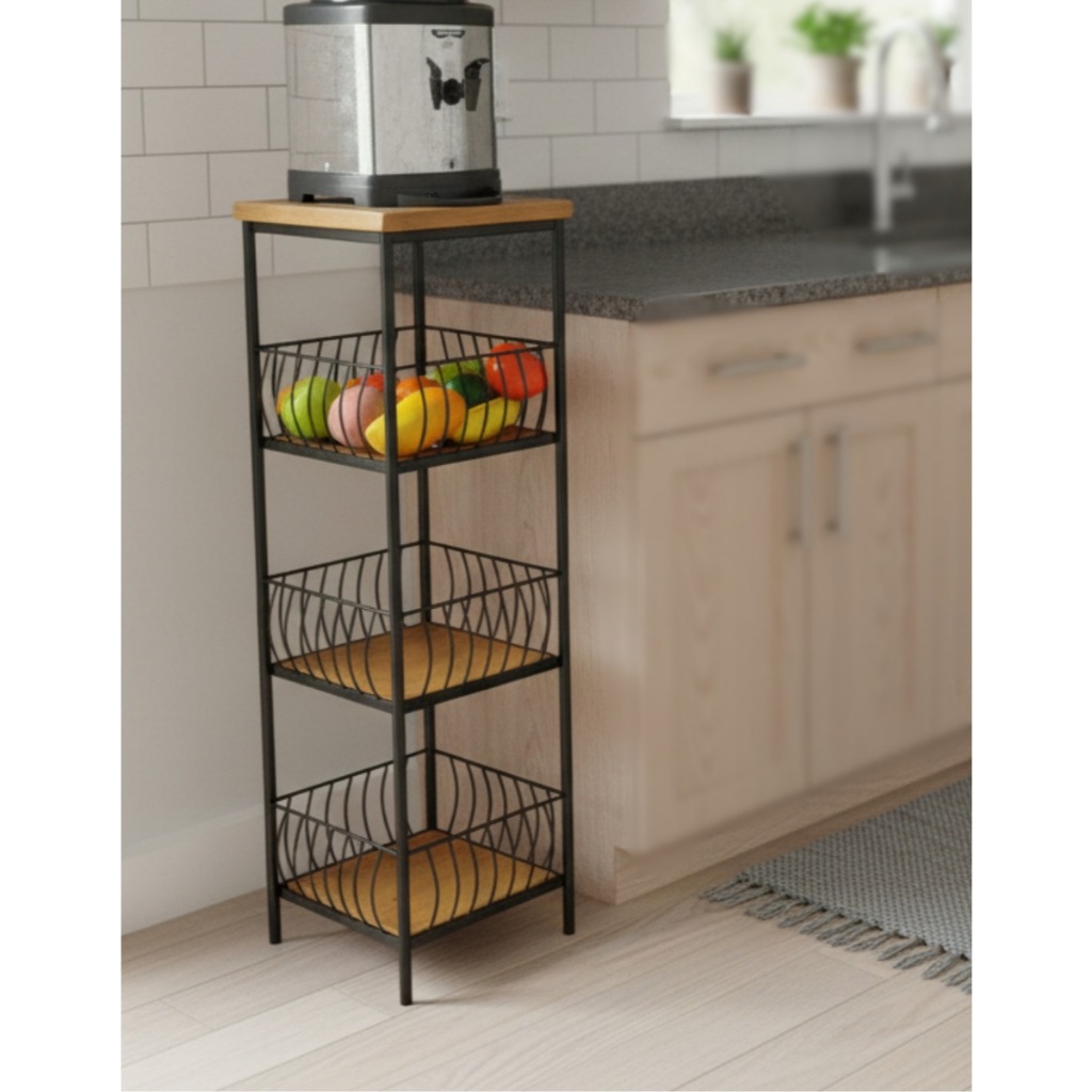 Fruteira Rústica Artesanal Porta Filtro Cestos Suporte Organizador para Cozinha- Ferro e Madeira Decorativa