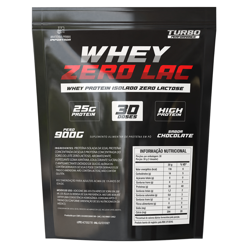 Whey Protein Isolado Zero Lactose Refil 900g Turbo - Whey Zero Lac Lactose Free - 25g de proteína por dose - Iso Protein
