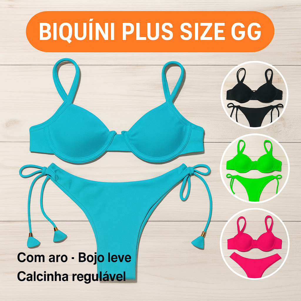 Biquíni Plus Size GG com Aro – Top Estruturado e Calcinha Regulável, Várias Cores em Oferta na Shopee