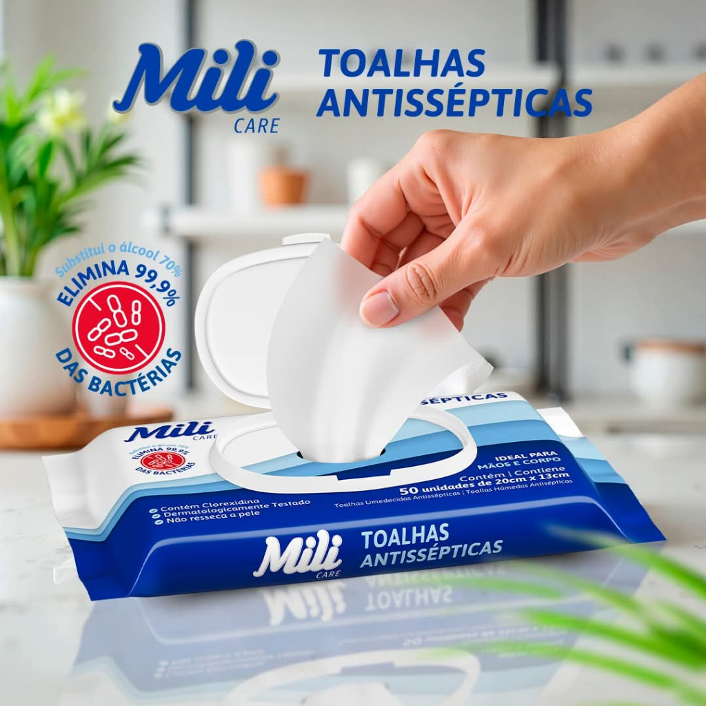 Kit Com 150, 300 ou 600 Lenços Toalhas Umedecidas Antissépticas Mili Elimina 99,9 % das Bactérias