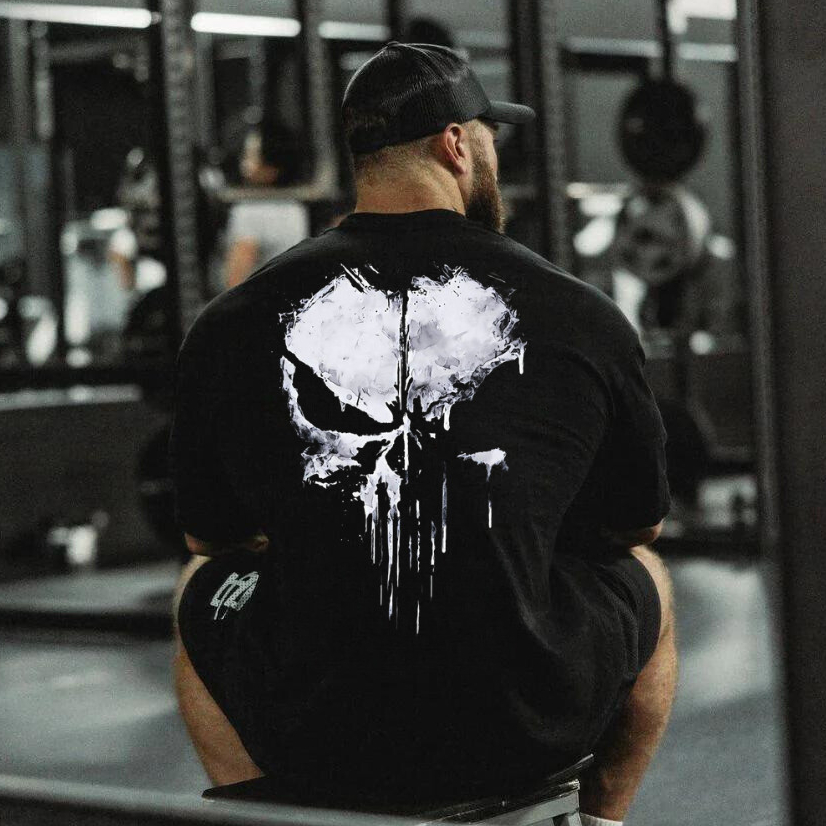 Camiseta Caveira Oversized Masculina Academia Estampada Camisa Dark Longline Moda Treino Fitness